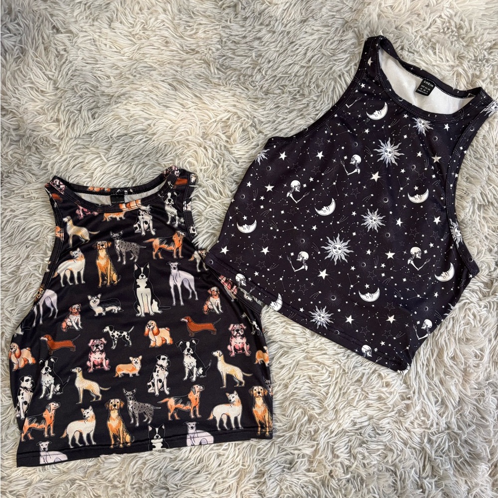 SHEIN Women's Crop Tops - Black with Dog and Celestial Prints